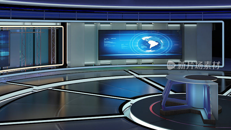 虚拟电视演播室新闻集31。绿屏背景。3 d渲染。